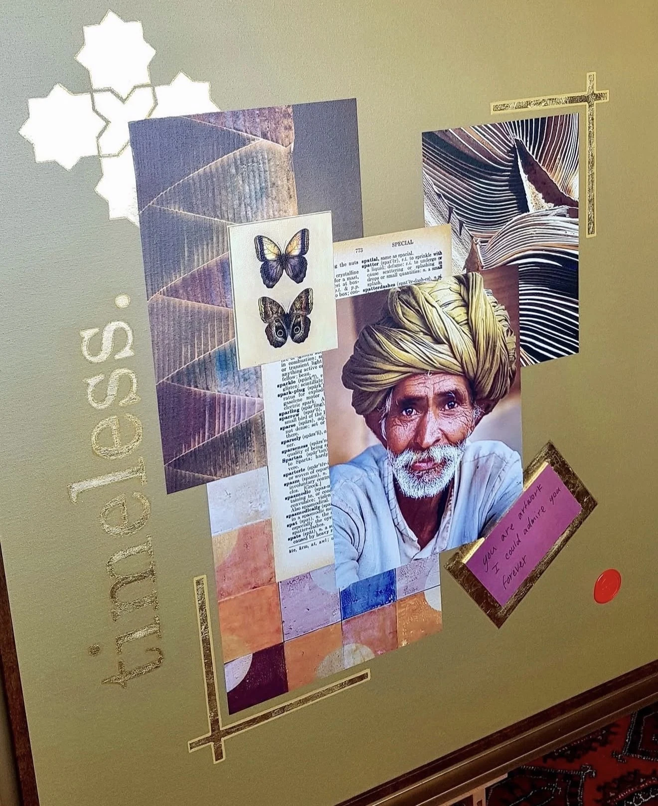 Mixed media collage by Donia Ben Salah with gold leaf lettering reading timeless