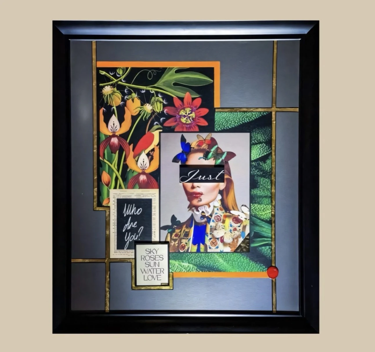 Mixed media collage by Donia Ben Salah with botanicals, butterflies, and the words Who are you