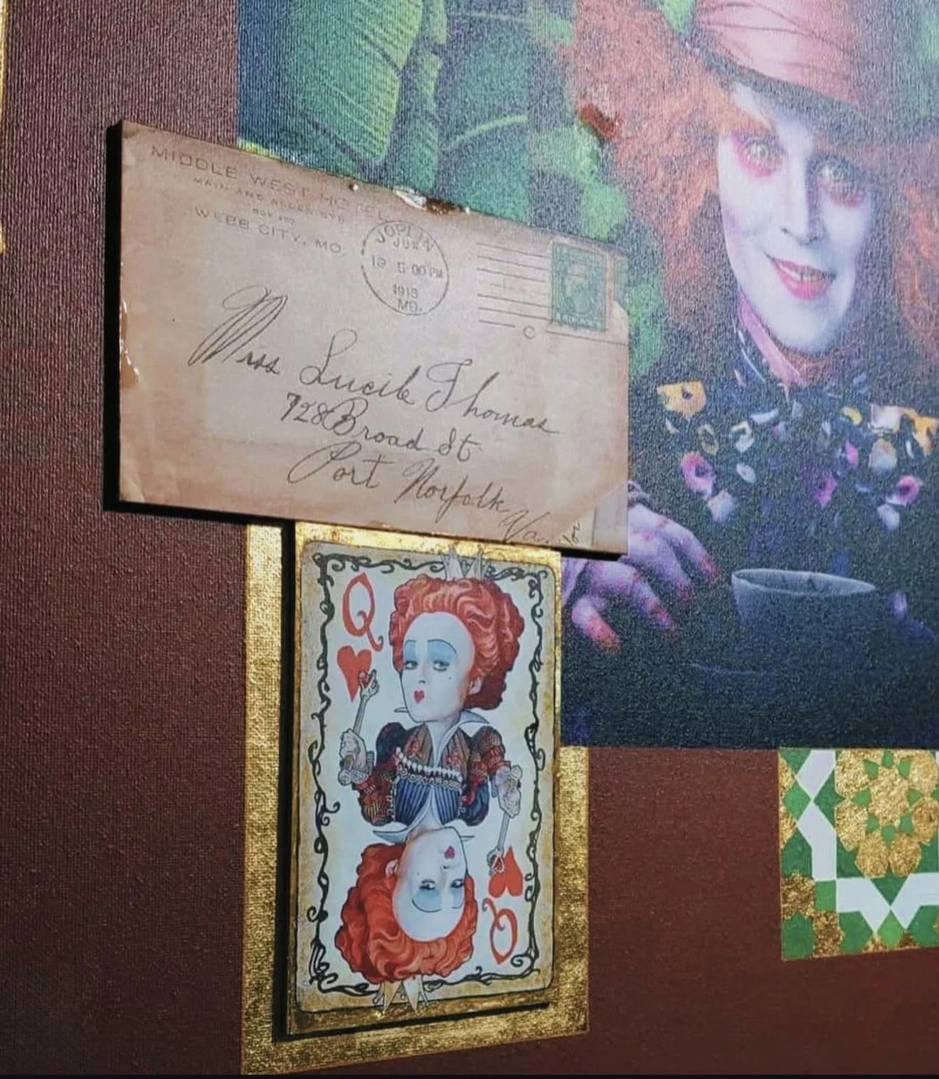Detail of a mixed media piece by Donia Ben Salah with a vintage envelope and a gilded playing card