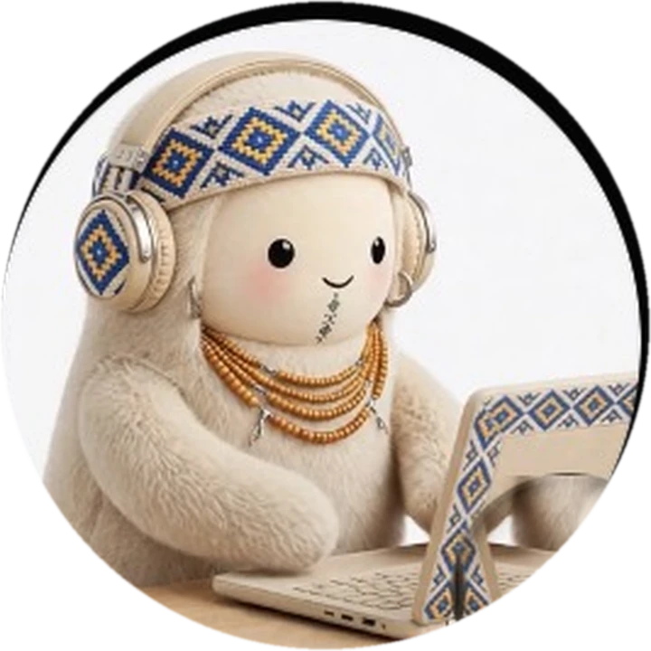 Mabrouka, Nadia's Muse agent avatar: a soft ivory character in a patterned headband and headphones, working at a laptop